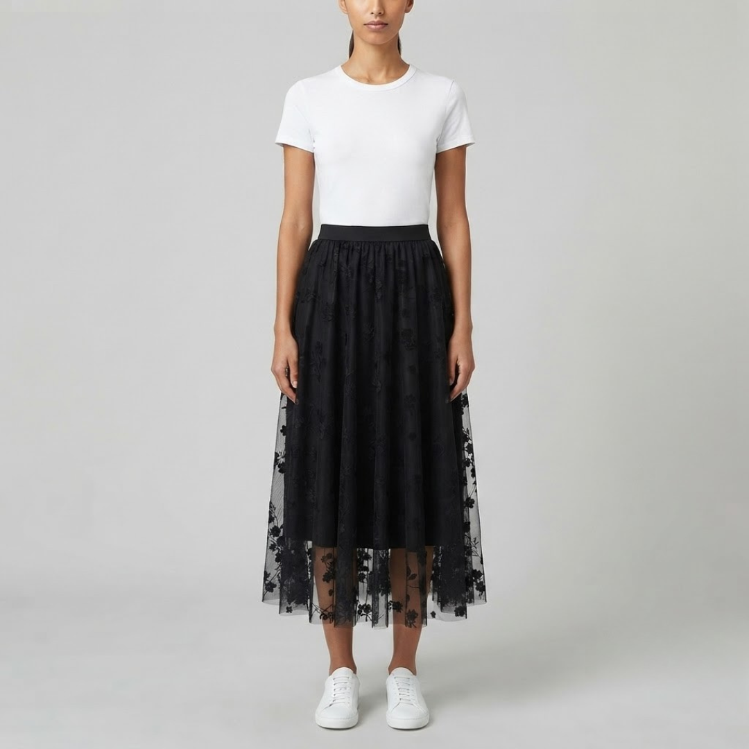 POPPY | Midi skirt with floral tulle
