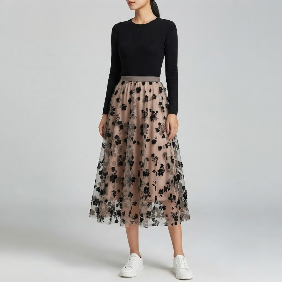 POPPY | Midi skirt with floral tulle