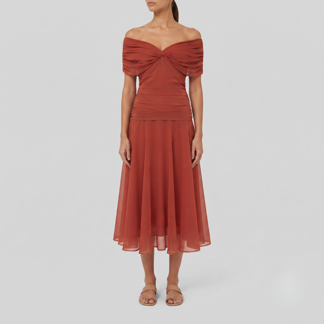 ORIANNA | Ankle-length mesh dress with diagonal collar