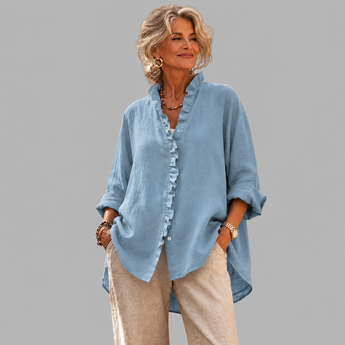 LUISA | Shirt with ruffled V-neck