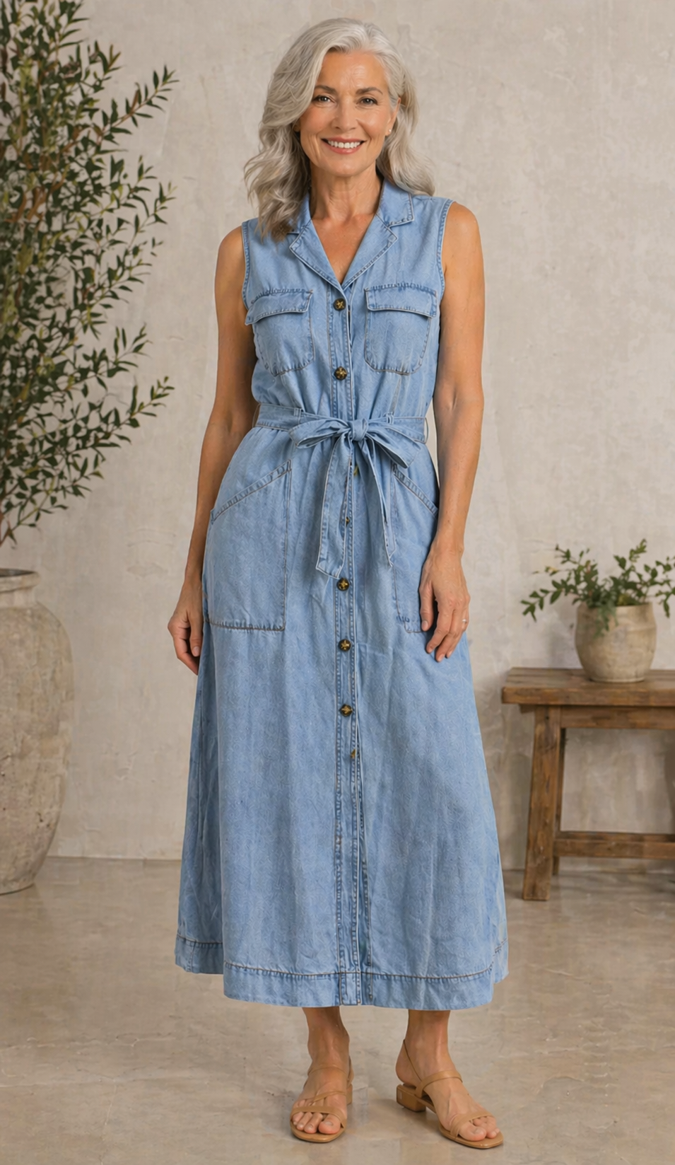 LILY | Sleeveless denim dress with button detail